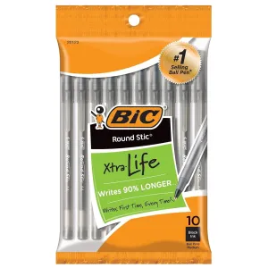 10-Count BIC Round Stic Xtra Life Medium Point Ball Pens (Various)