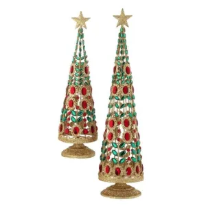 19"- 24" Red & Green Jewel Gold Glitter Tree Set Of 2