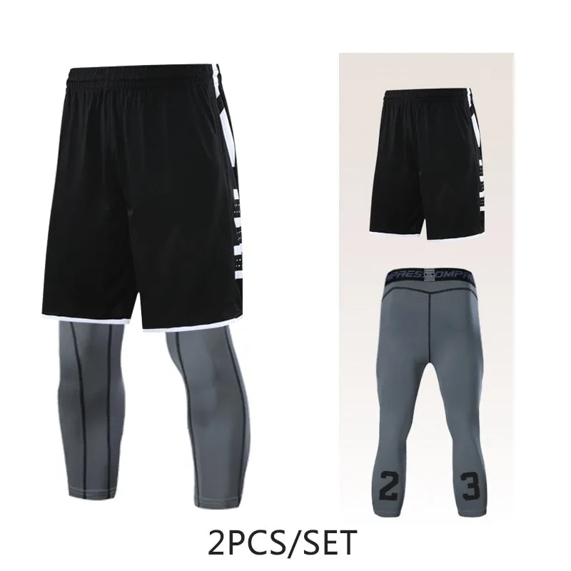 2pcs Set Men Running Shorts Leggings Fitness Compression Sweatpants Gym Jogging Outdoor Sport Basketball Football Clothes v2