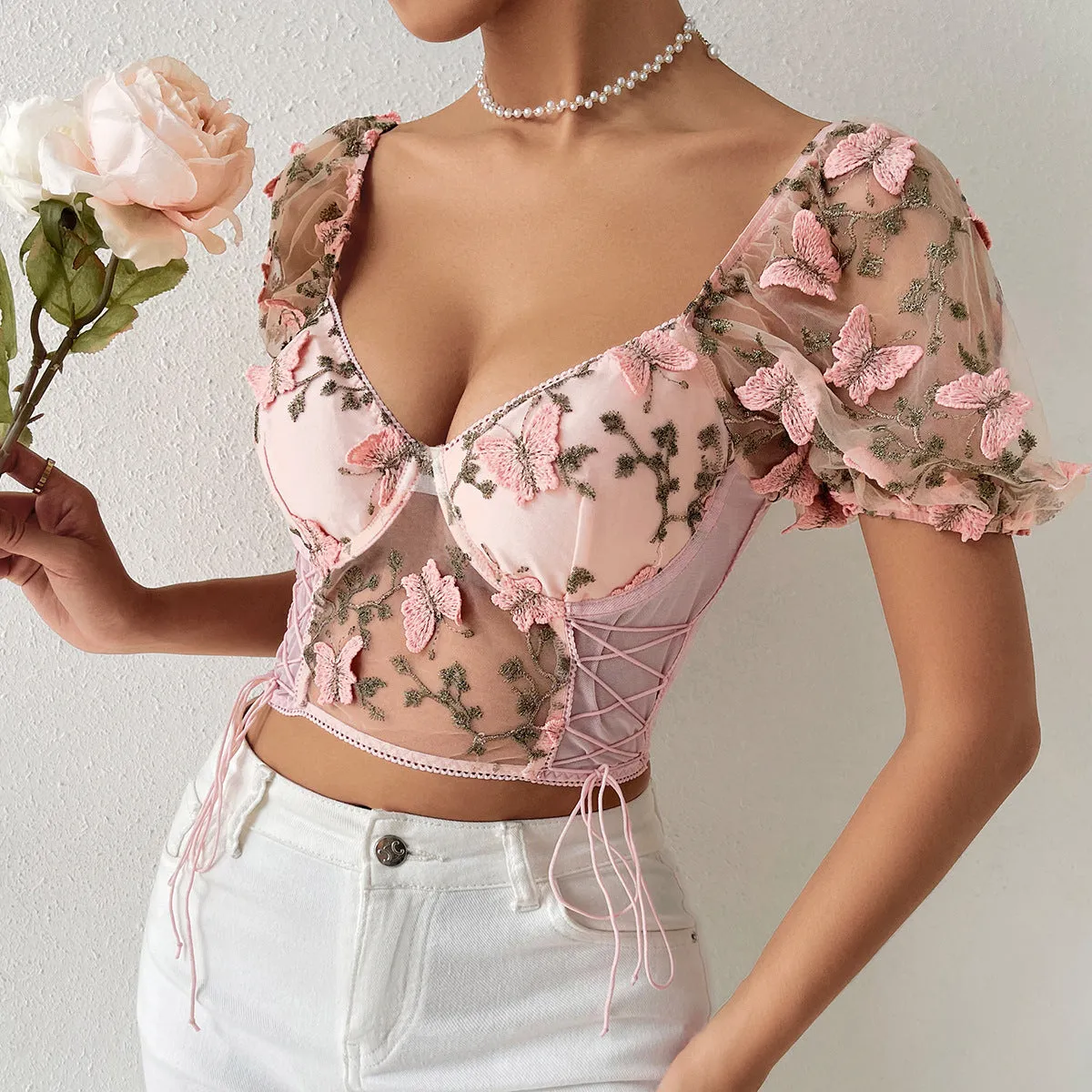 3D Butterfly Embroidery Crop Top