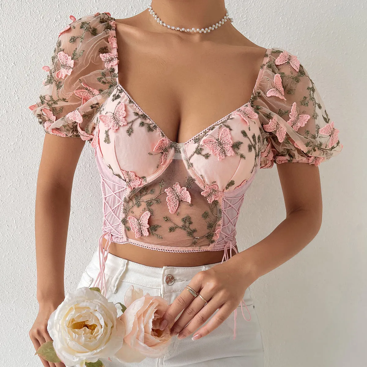 3D Butterfly Embroidery Crop Top