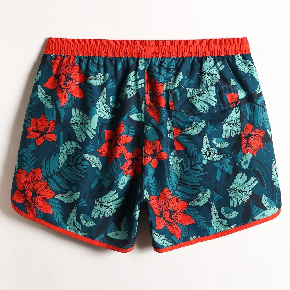 4.5 Inch Inseam Vintage Dark Green Flower Swim Trunks