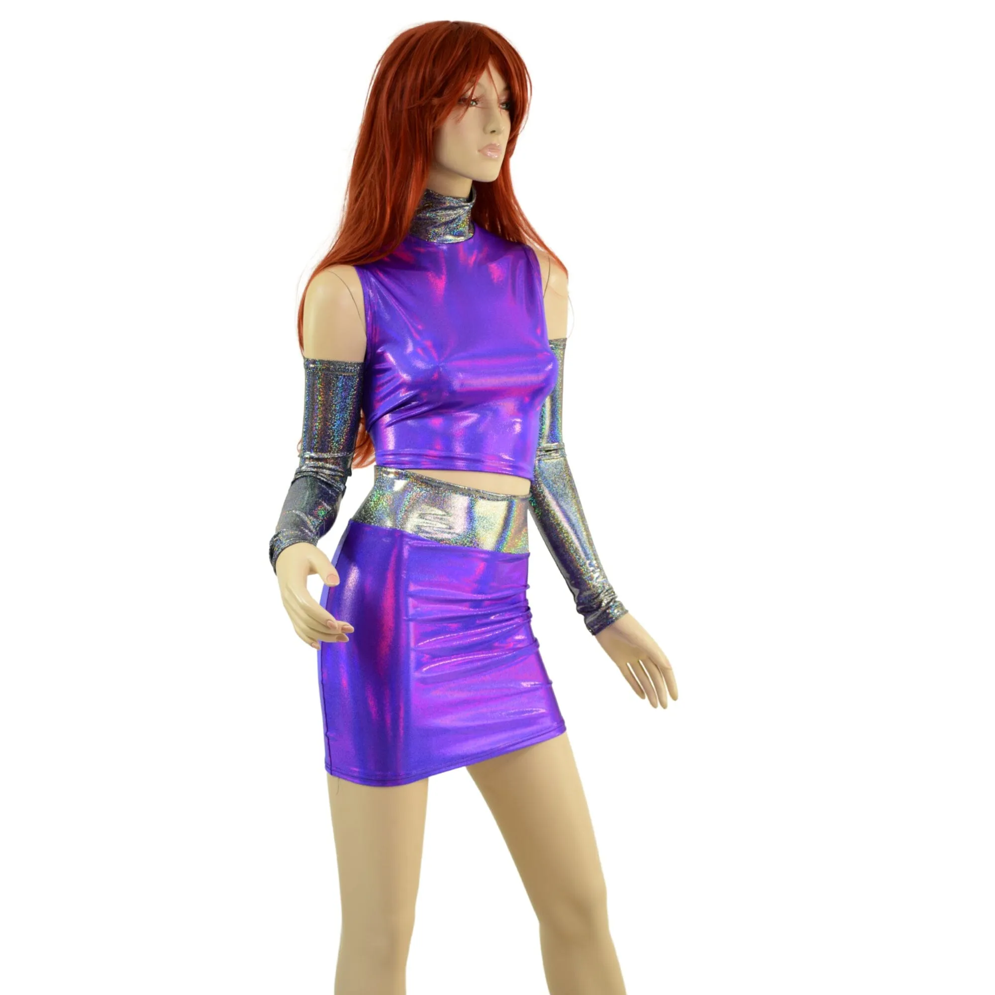 4PC Purple Crop Top & Skirt Set with Silver Holo Trim and Arm Warmers