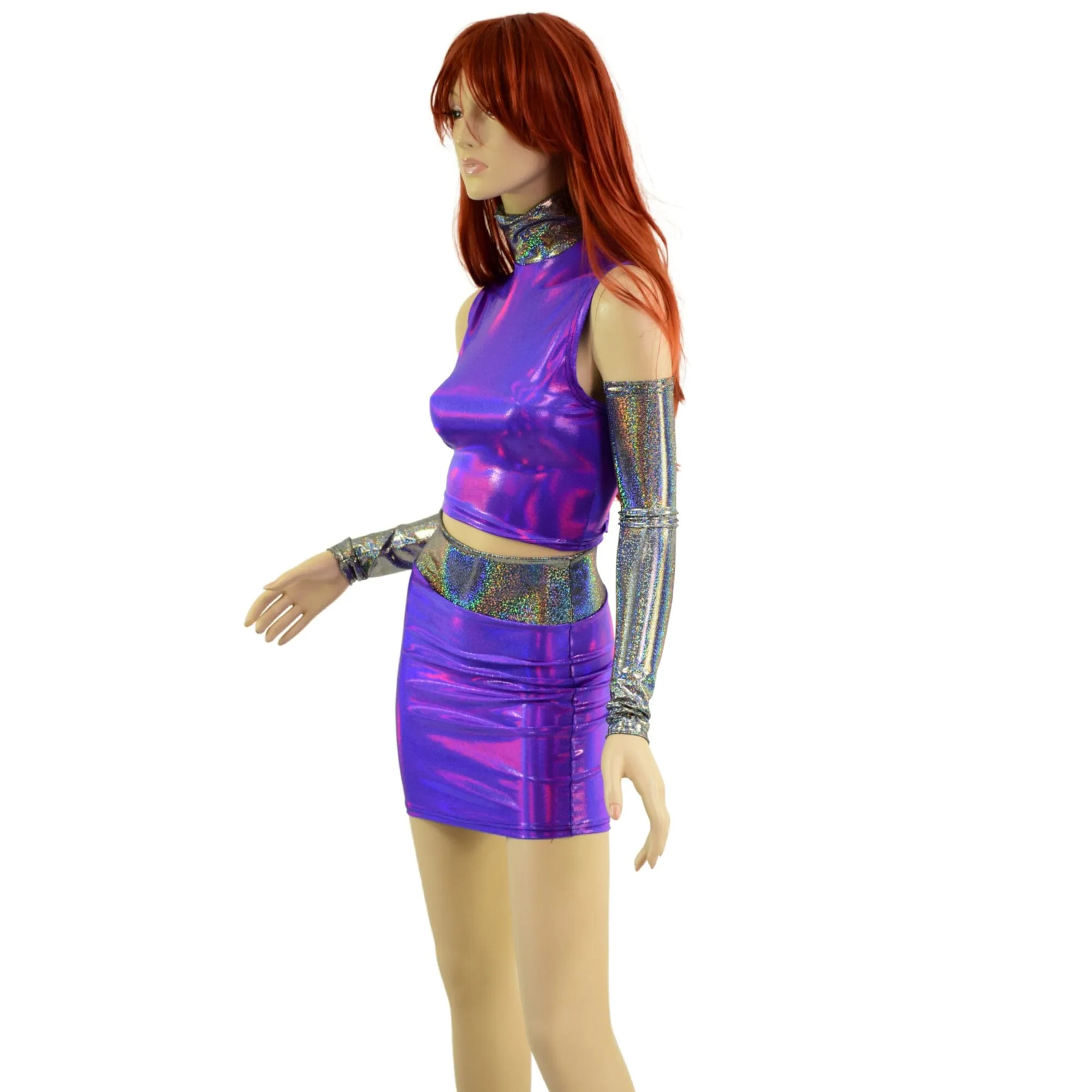 4PC Purple Crop Top & Skirt Set with Silver Holo Trim and Arm Warmers