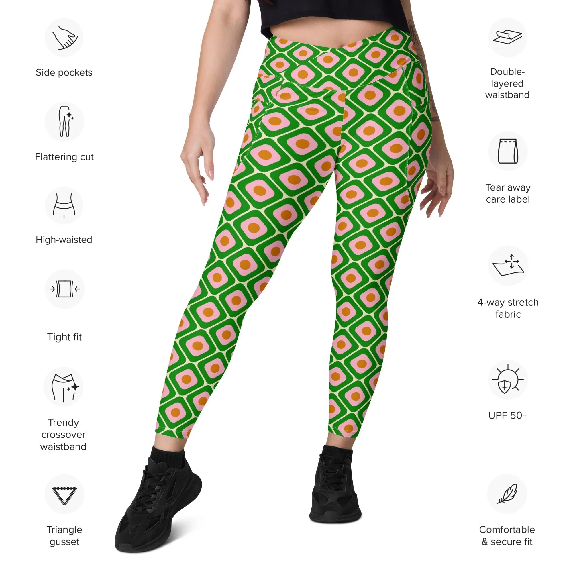 70s Retro Pattern Crossover Leggings With Pockets