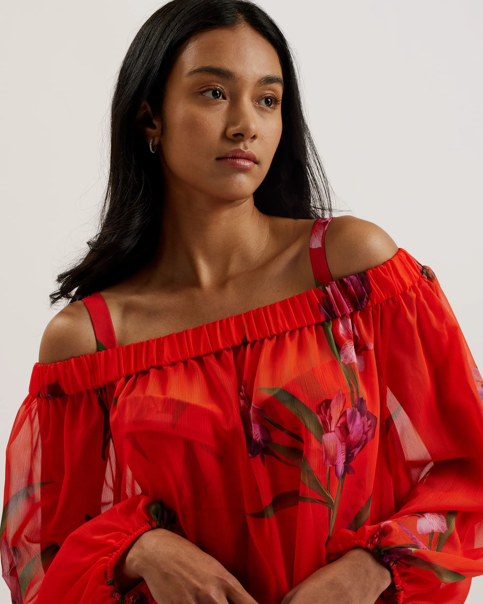 Ariizon Floral Bardot Beach Cover Up Brt-Red