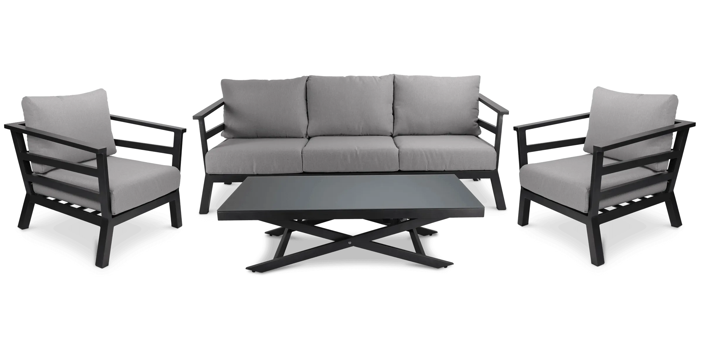 Aveiro 3 Seater with 2x Armchairs and Mykonos Adjustable Coffee Table in Gunmetal Grey with Stone Olefin Cushions