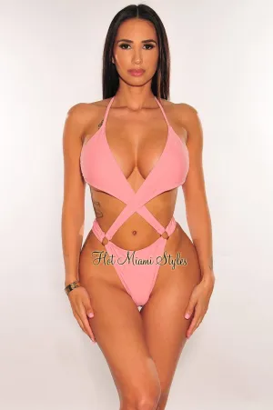 Baby Pink Halter Criss Cross O-Ring Cut Out Thong Swimsuit