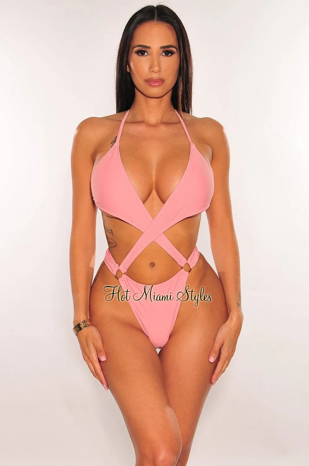 Baby Pink Halter Criss Cross O-Ring Cut Out Thong Swimsuit