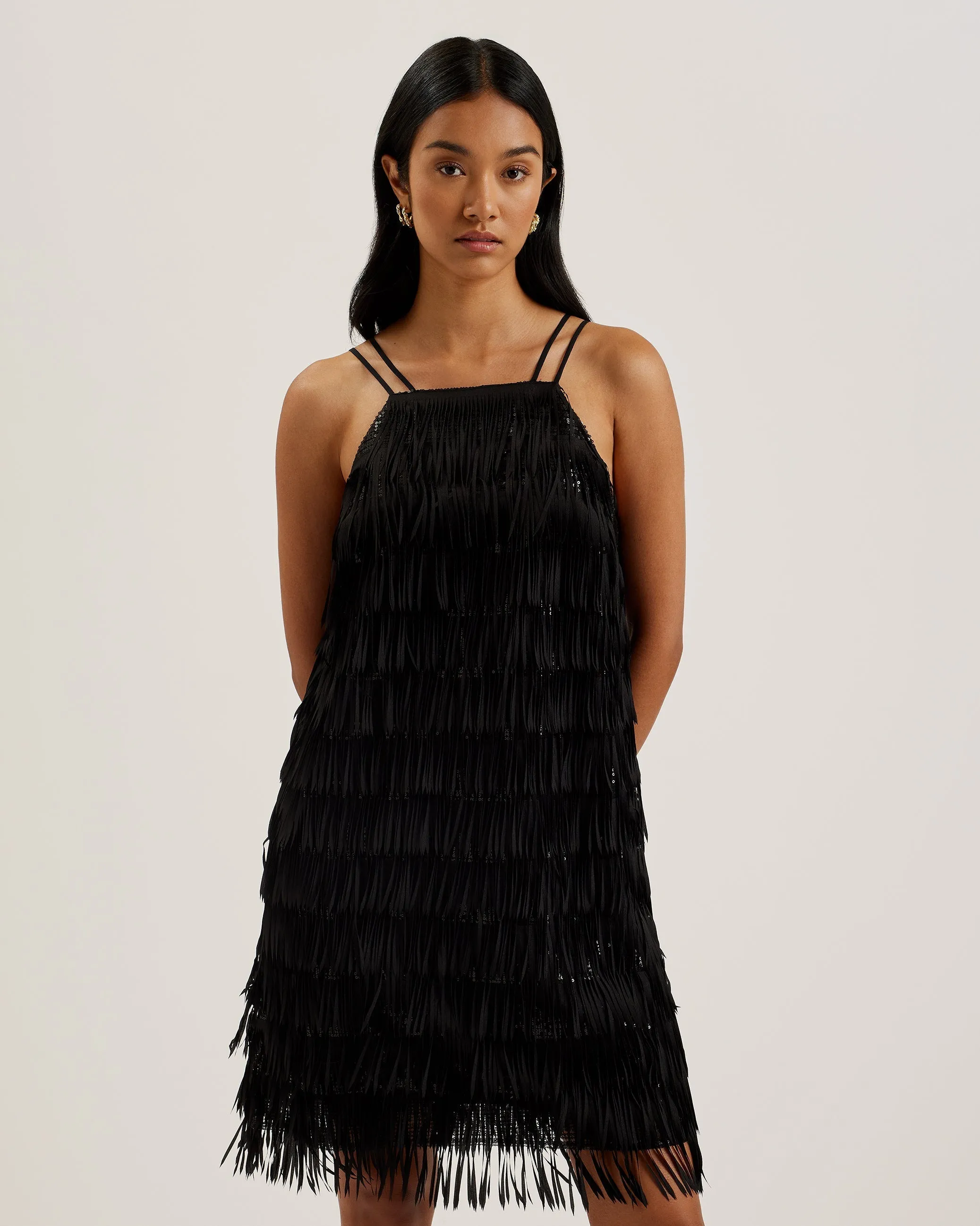 Bartin Fringe Halter Neck Mini Dress Black