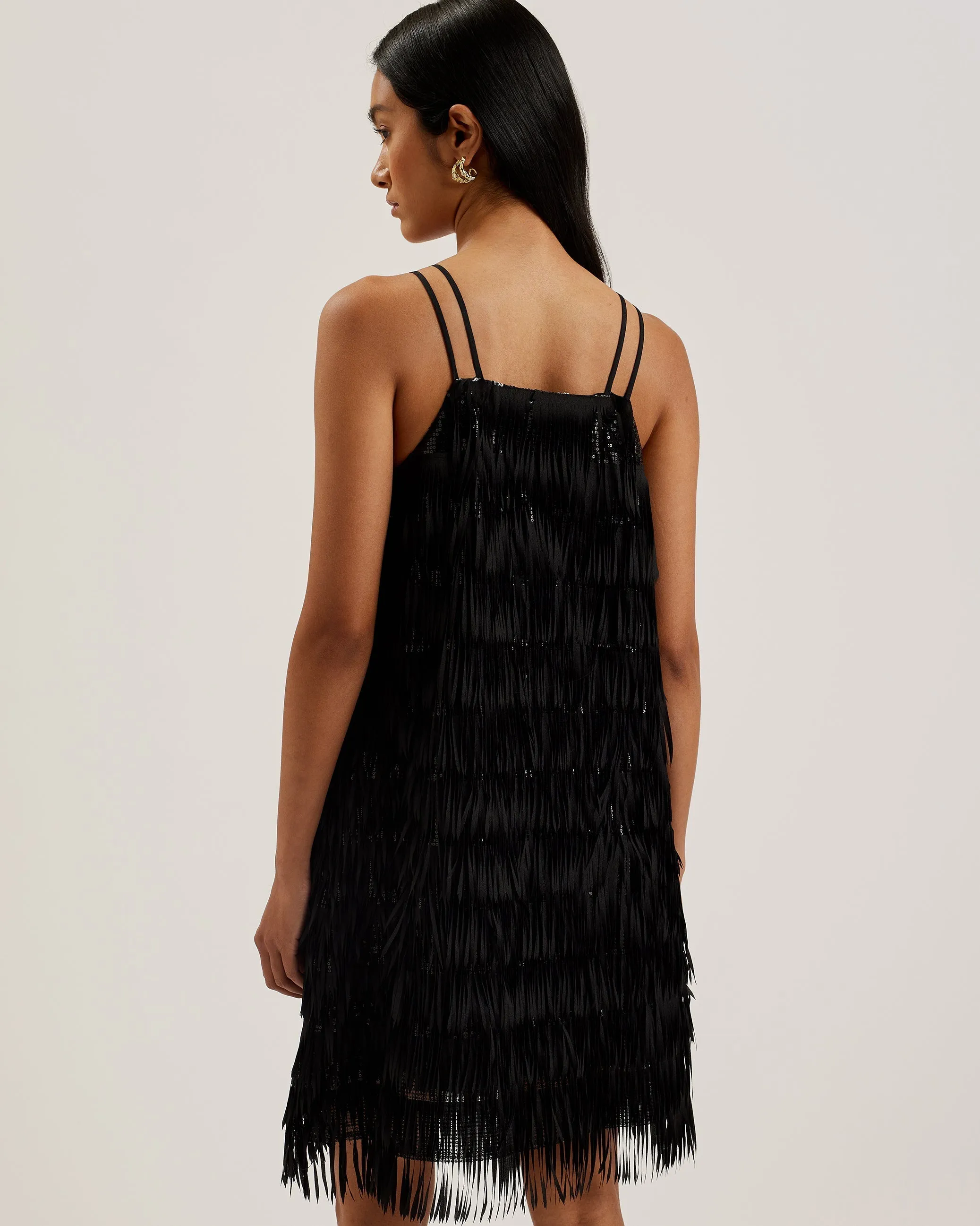 Bartin Fringe Halter Neck Mini Dress Black