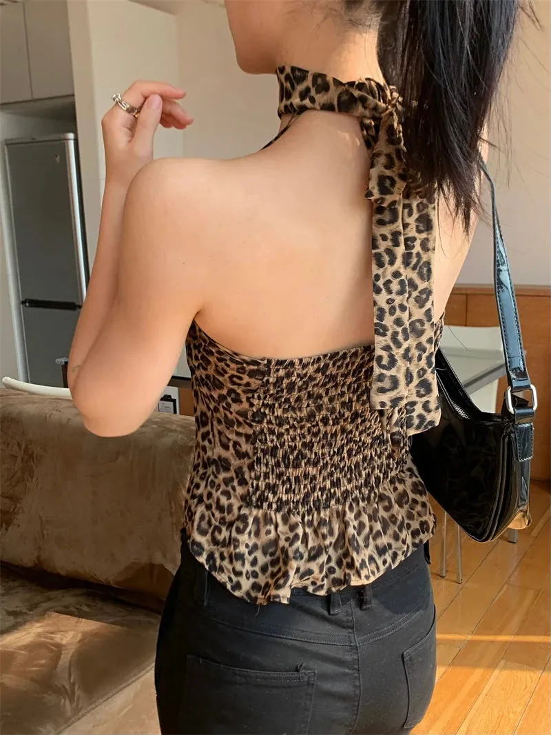 Benuynffy Leopard Print Ruffle Trim Tube Fashion Sexy Sweetheart Neck Backless Cami Summer Streetwear Crop Top