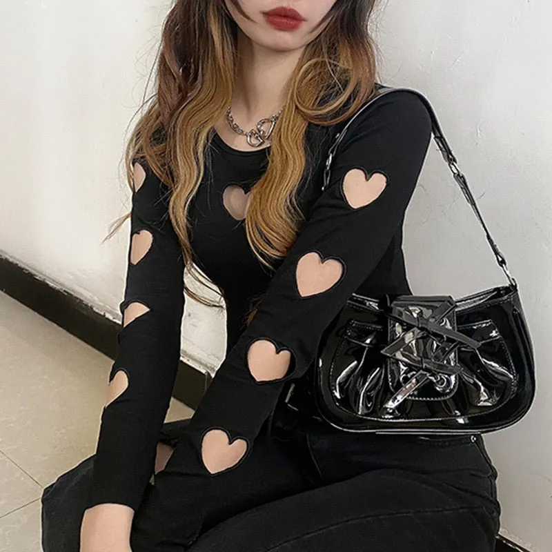 Black Alternative Heart Long Sleeve Crop Top