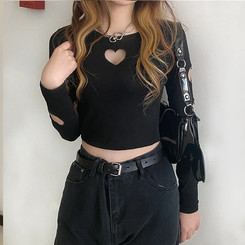 Black Alternative Heart Long Sleeve Crop Top