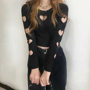 Black Alternative Heart Long Sleeve Crop Top