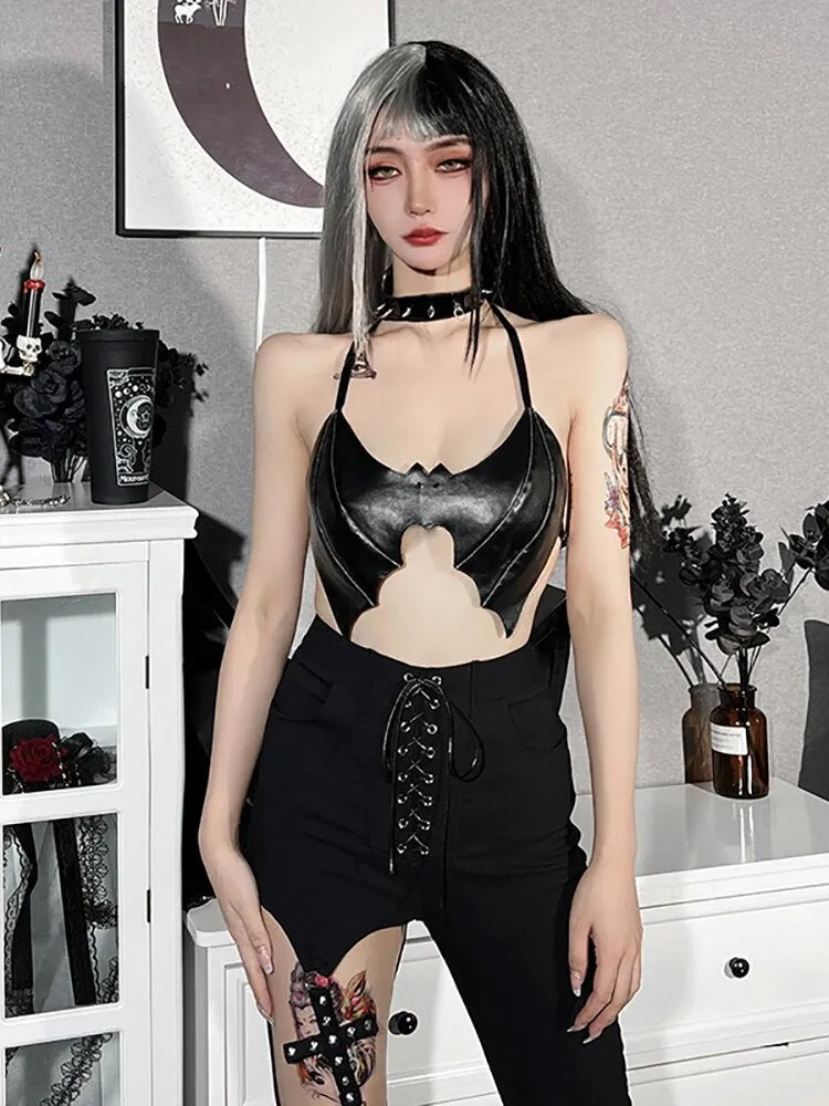 Black Bat PU Leather Crop Top