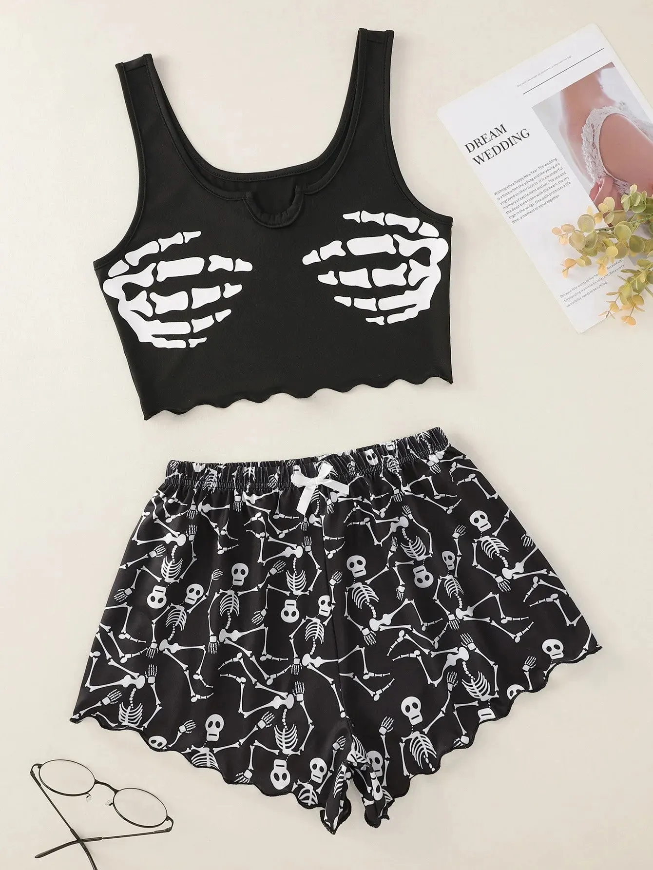 Black Goth Skeleton Print Shorts and Top