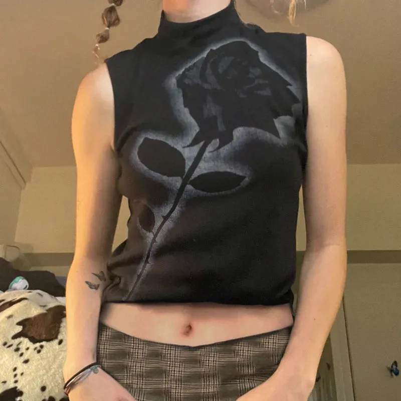 Black Gothic Rose Crop Top