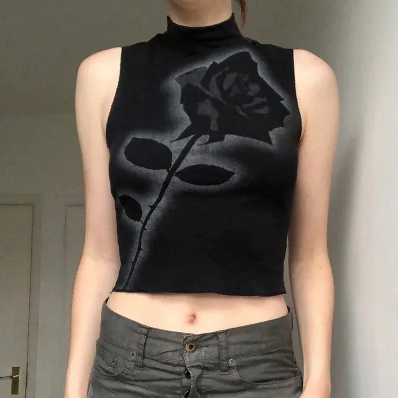 Black Gothic Rose Crop Top