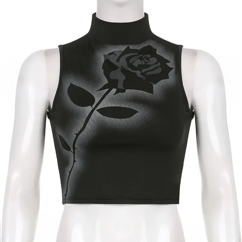 Black Gothic Rose Crop Top