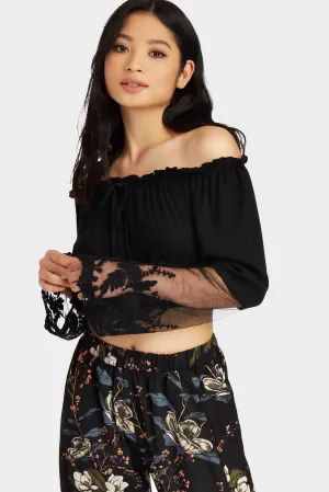 Black Gypsy Top Embroidered Mesh Sleeve