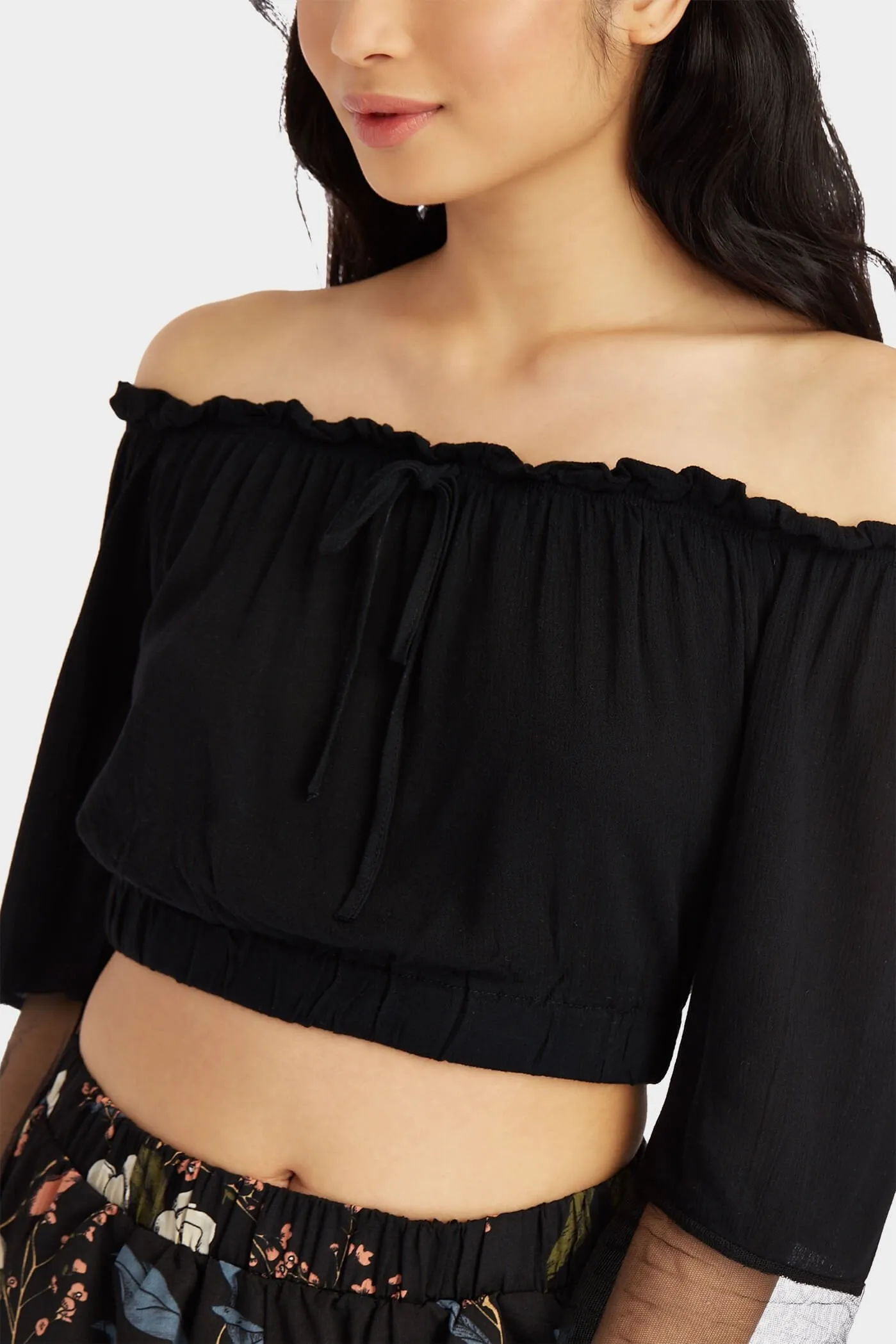 Black Gypsy Top Embroidered Mesh Sleeve