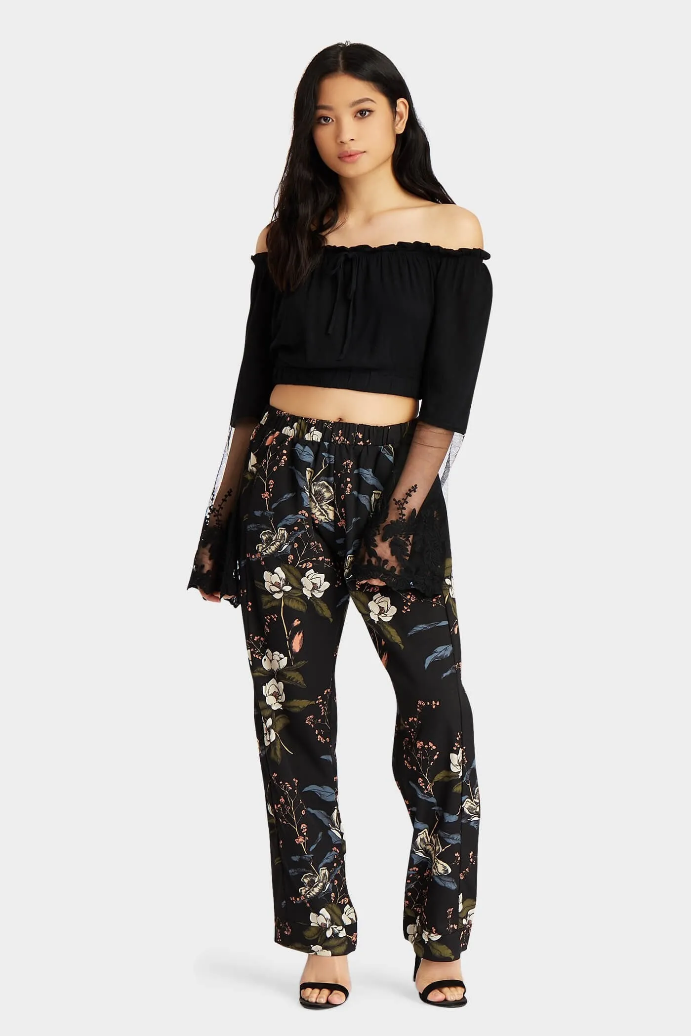 Black Gypsy Top Embroidered Mesh Sleeve