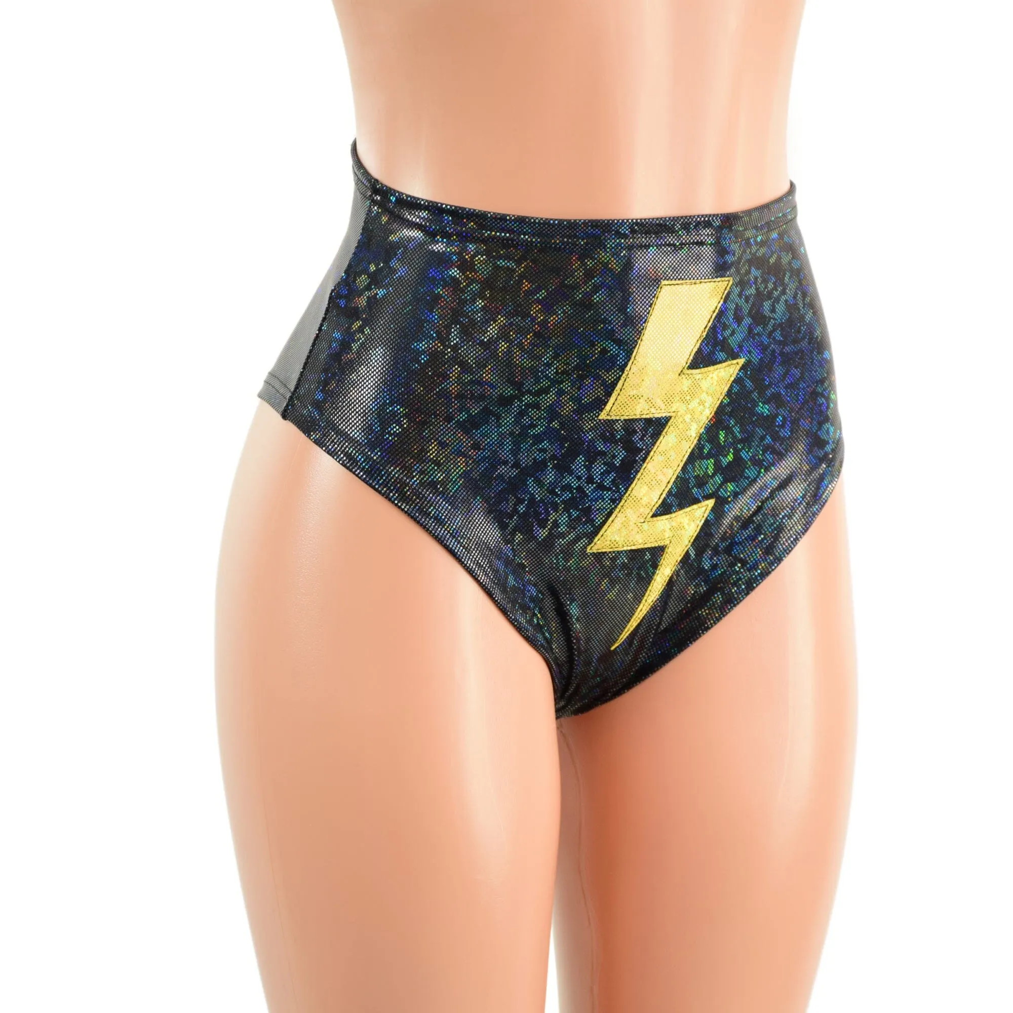 Black Kaleidoscope Brazilian Siren Shorts with Gold Bolt Applique