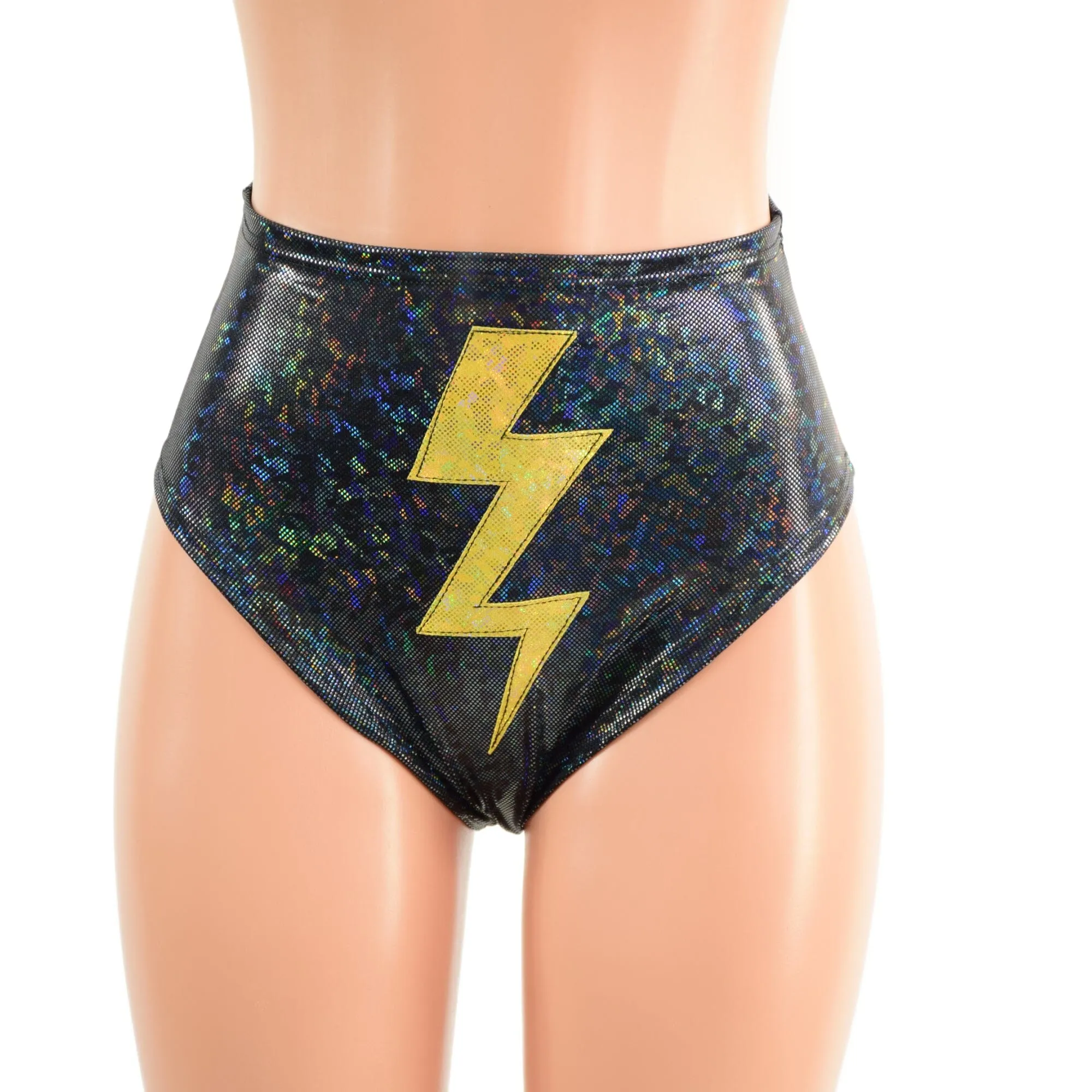 Black Kaleidoscope Brazilian Siren Shorts with Gold Bolt Applique