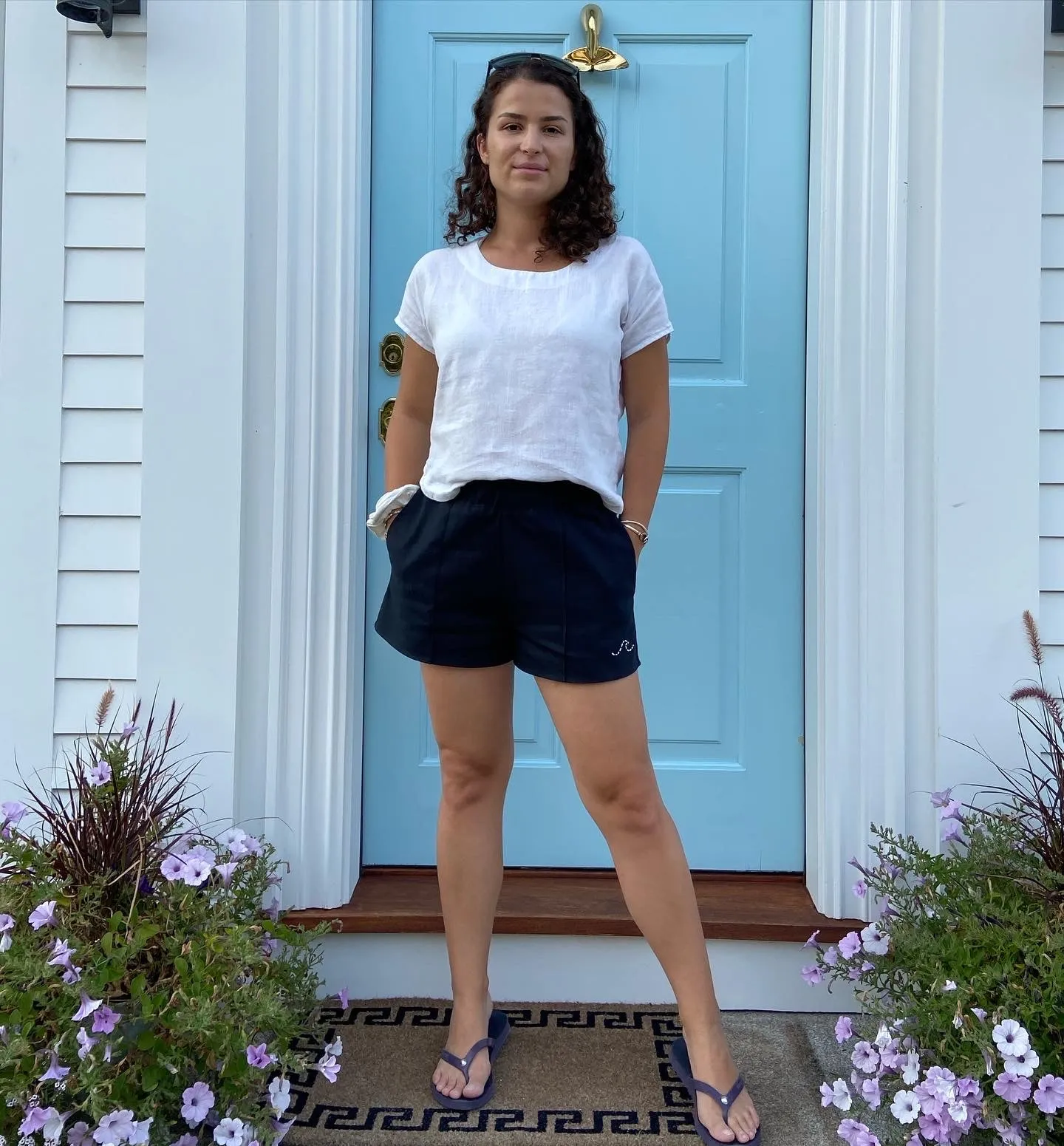 Black Linen Summer Shorts with a Wave Hand Embroidery