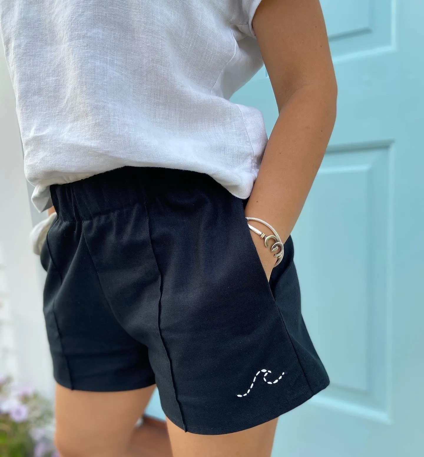 Black Linen Summer Shorts with a Wave Hand Embroidery