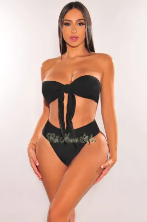 Black Padded Bandeau Tie Up High Rise Bikini Bottom