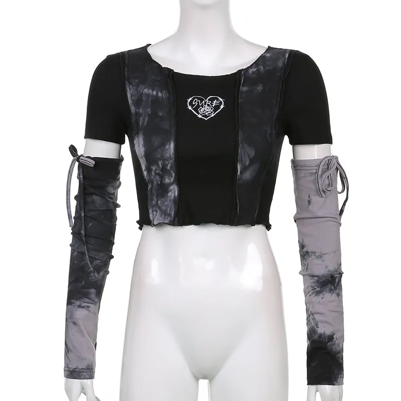 Black Tie Dye Grunge Crop Top With Arm Gloves