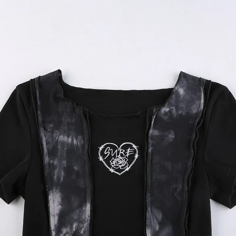 Black Tie Dye Grunge Crop Top With Arm Gloves