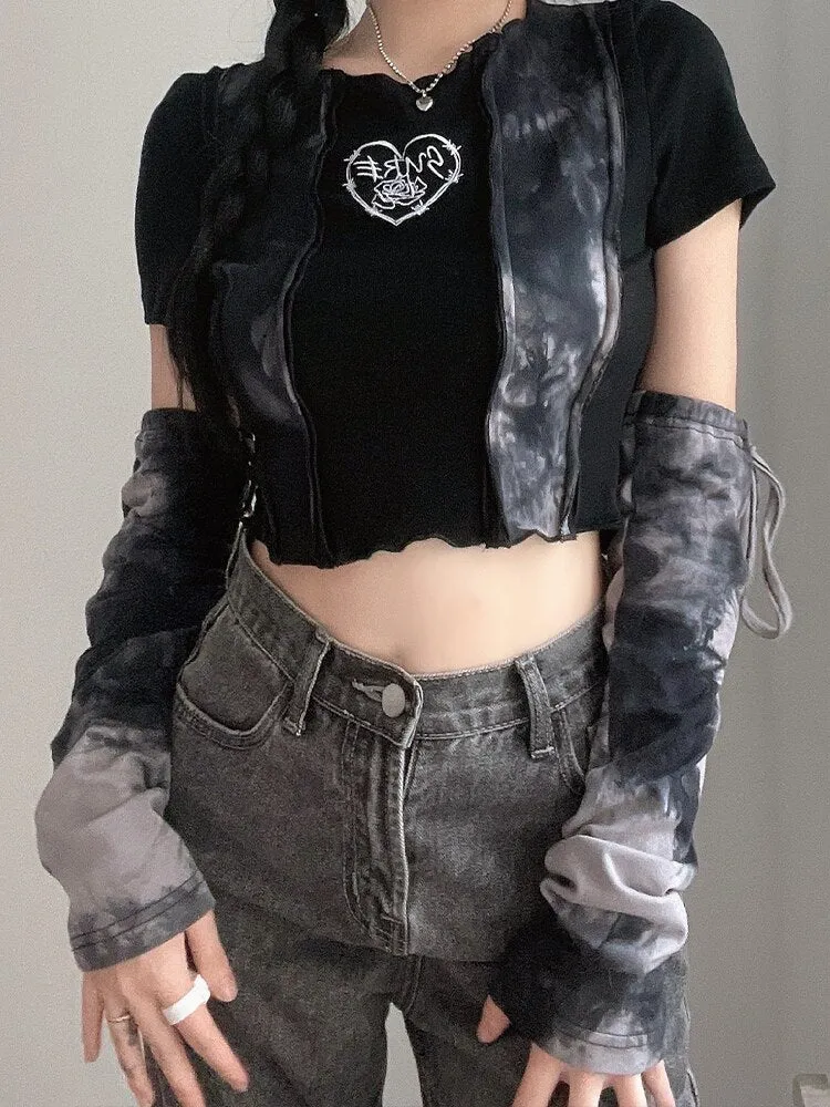 Black Tie Dye Grunge Crop Top With Arm Gloves