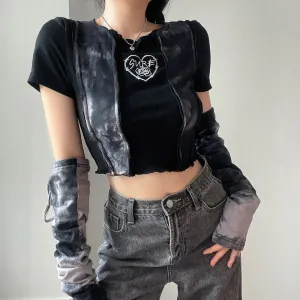 Black Tie Dye Grunge Crop Top With Arm Gloves