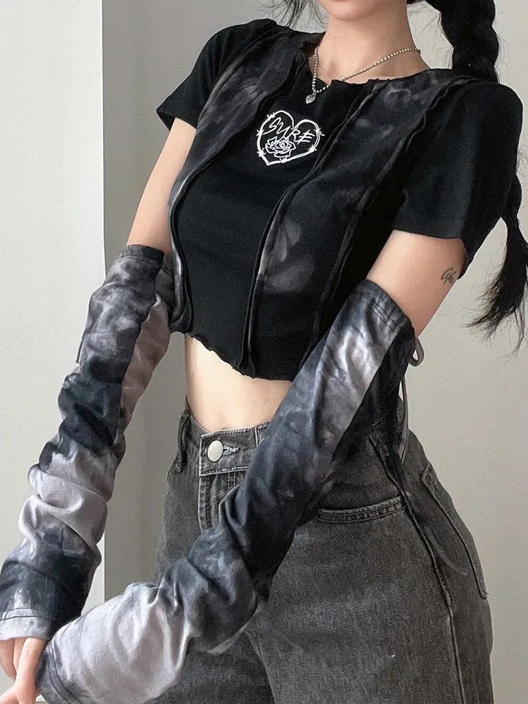 Black Tie Dye Grunge Crop Top With Arm Gloves