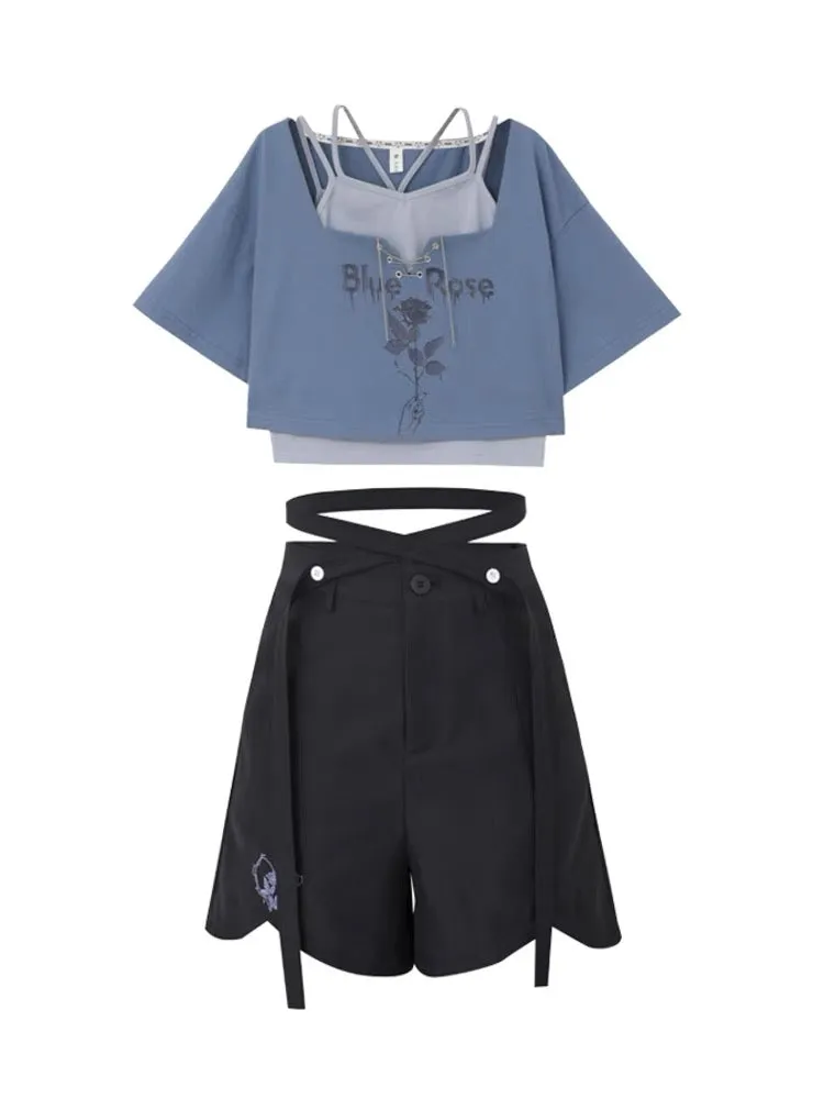 Blue Rose Crop Top & Shorts