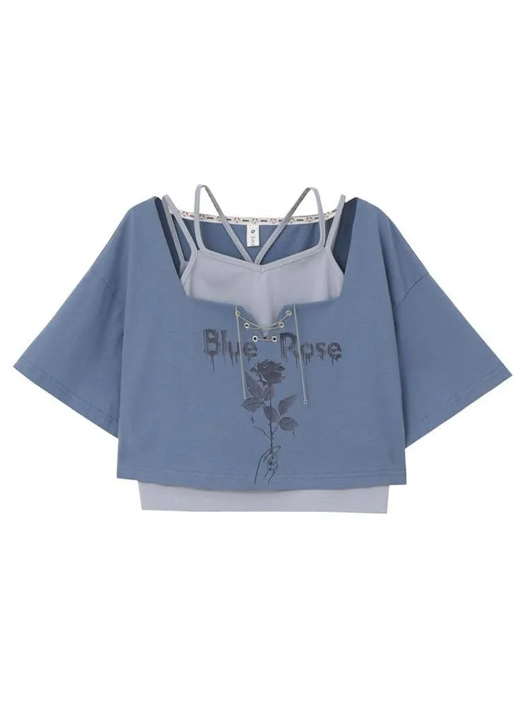 Blue Rose Crop Top & Shorts