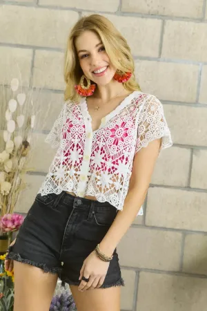 Crochet Floral Button-Up Crop