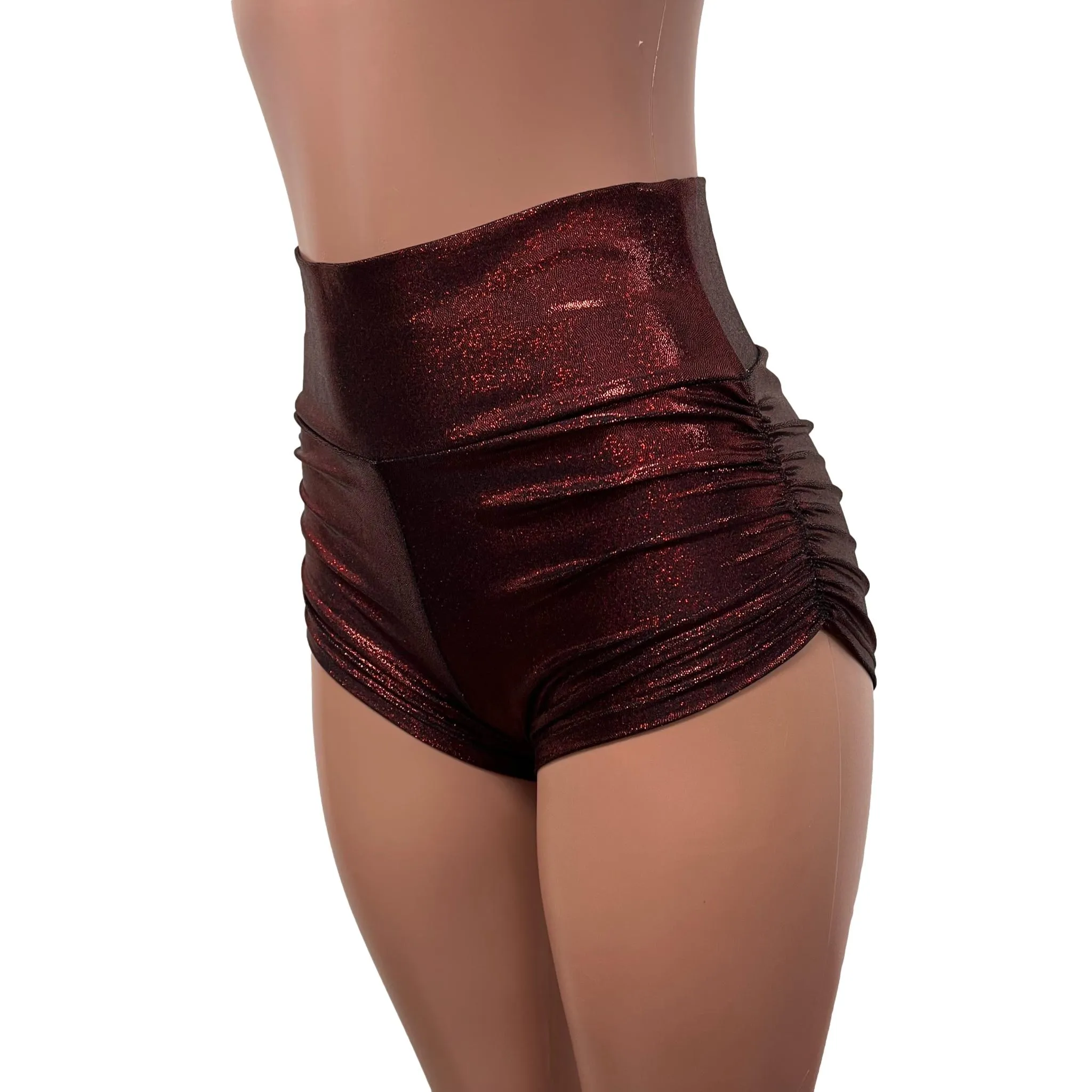 Dark Red Sparkle Ruched Booty Shorts - Choose Low-Waist, Mid-Rise, or High-Waist