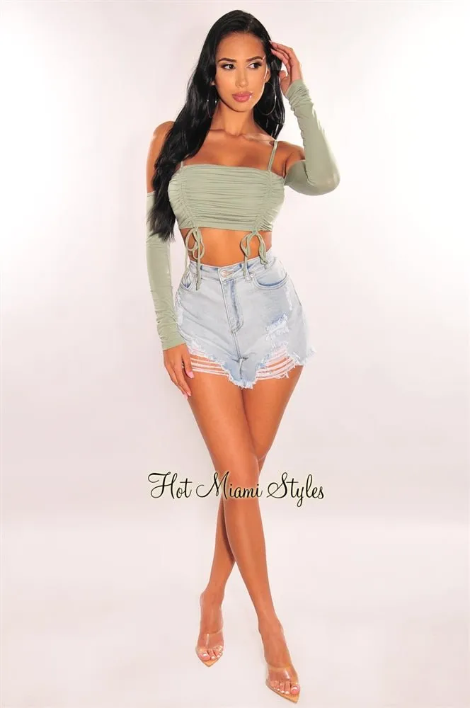 Dusty Sage Double Straps Off Shoulder Ruched Crop Top