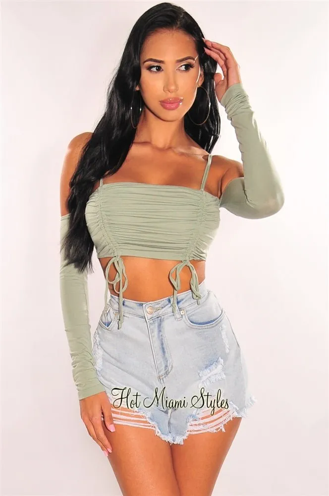 Dusty Sage Double Straps Off Shoulder Ruched Crop Top