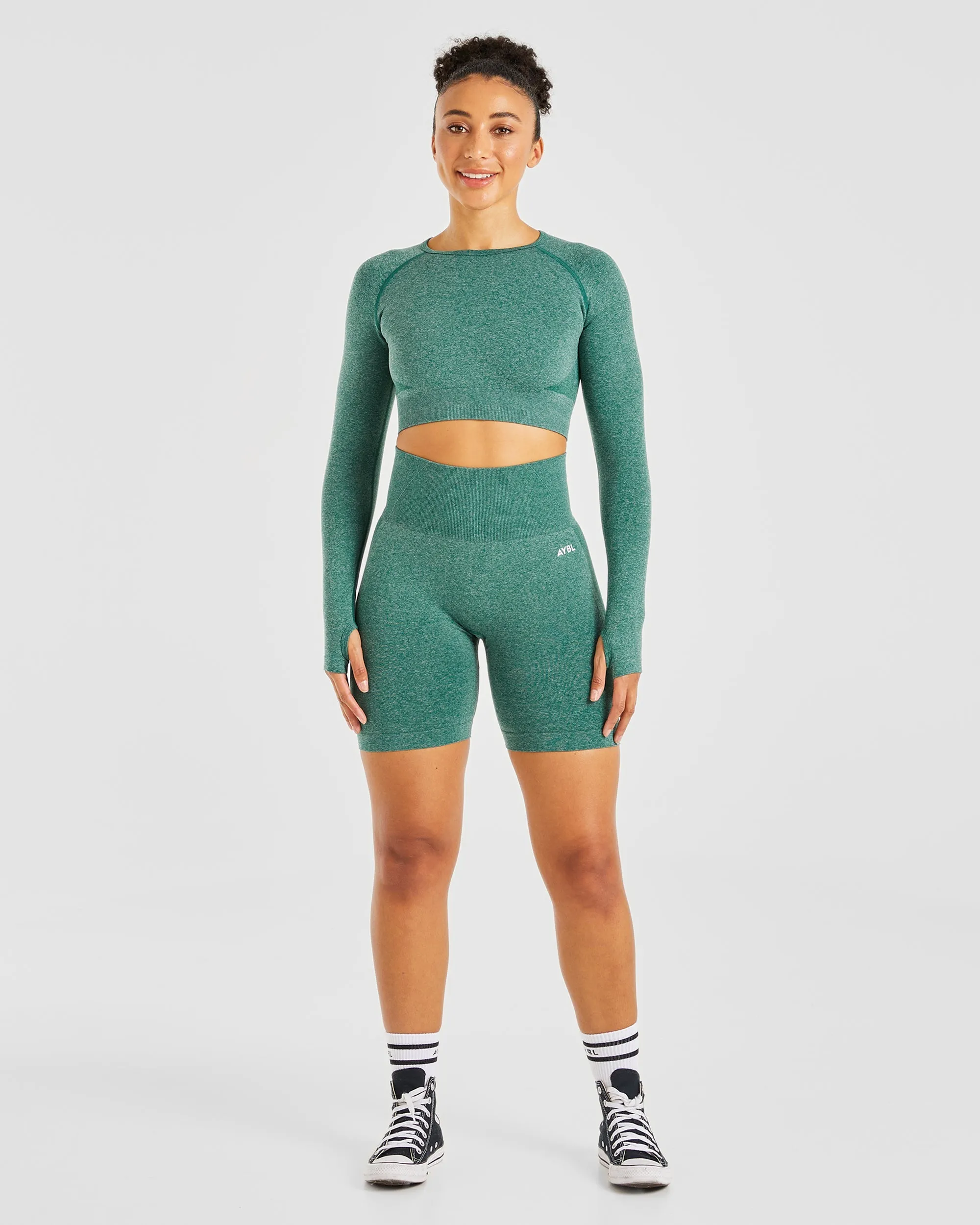 Empower Seamless Long Sleeve Crop Top - Forest Green Marl