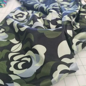 End of Bolt: 3-1/8th yards Black and Olive Florals Satin Charmeuse Woven- Remnant