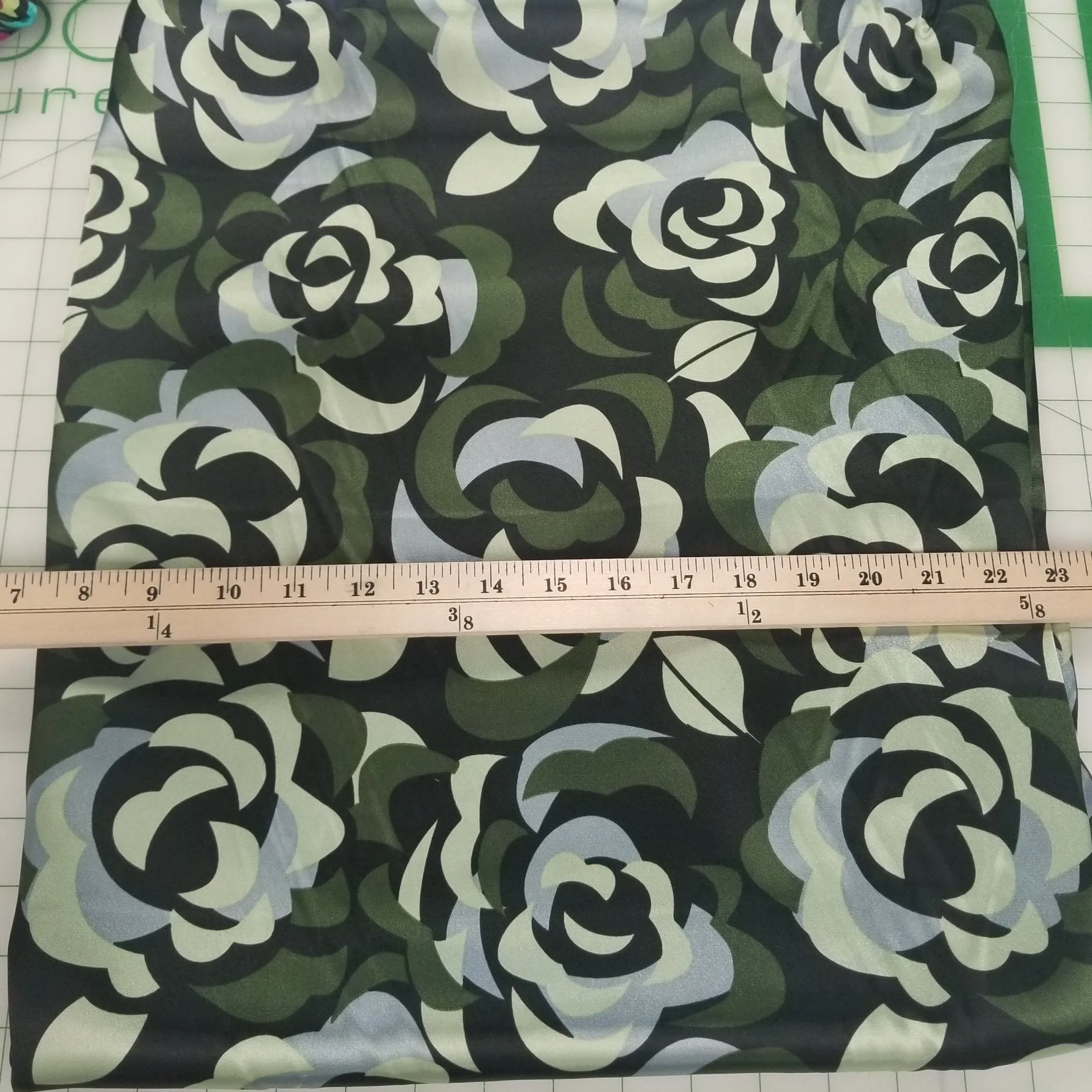 End of Bolt: 3-1/8th yards Black and Olive Florals Satin Charmeuse Woven- Remnant