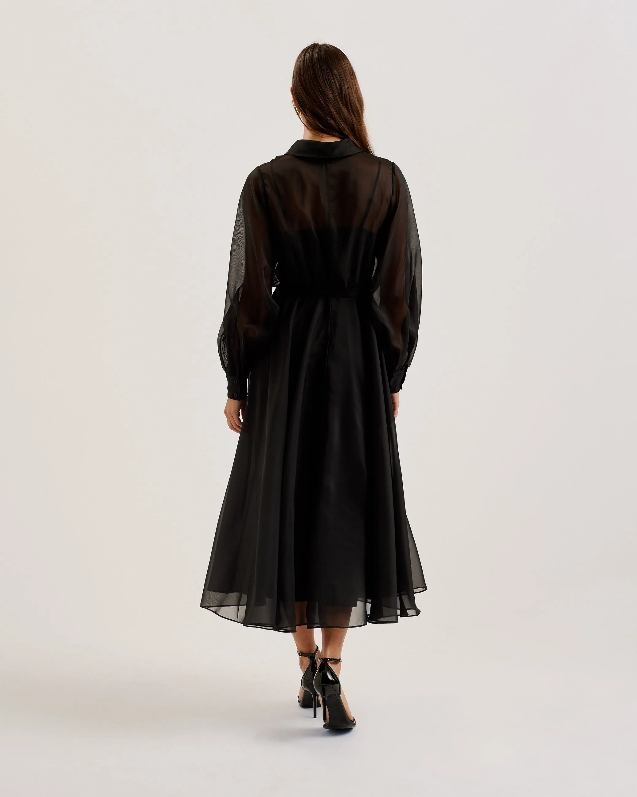 Gibara Sheer Organza Shirt Maxi Dress Black