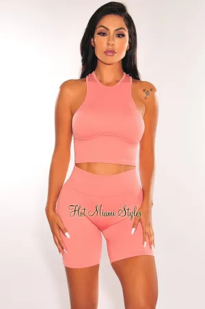 HMS ESSENTIAL: Dusty Rose Seamless Ribbed Biker Shorts Two Piece Set