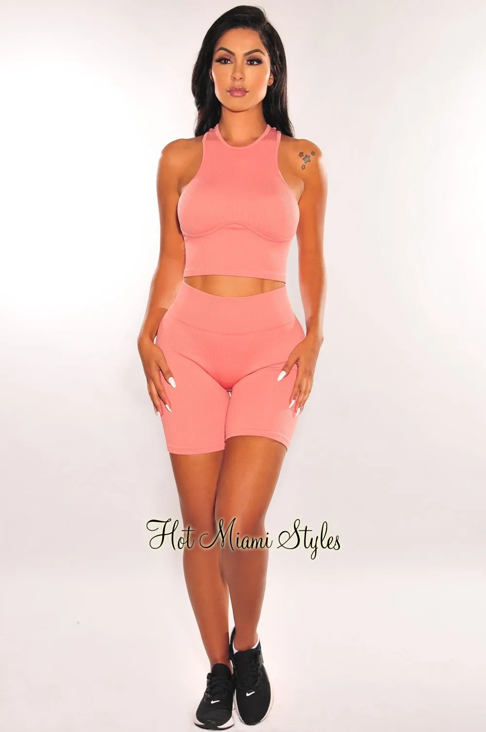 HMS ESSENTIAL: Dusty Rose Seamless Ribbed Biker Shorts Two Piece Set