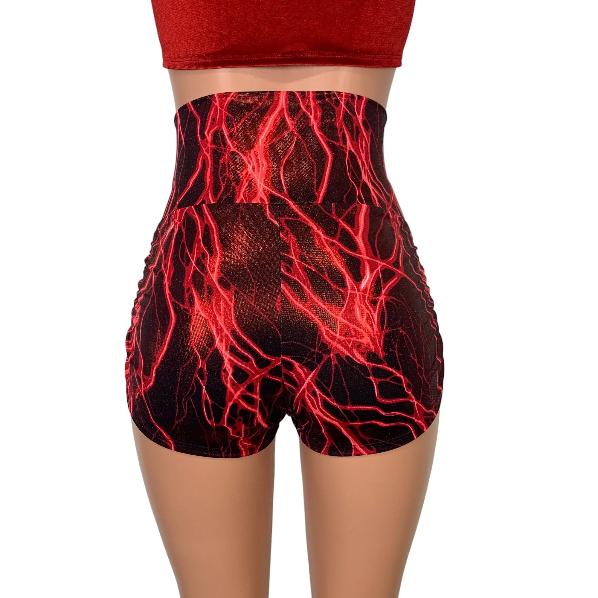 Lace-Up Ruched High Waist Booty Shorts - Red Lightning Metallic